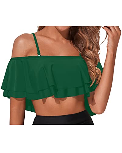 Elegant Removable Shoulder Straps Off Shoulder Swim Top-Emerald Green