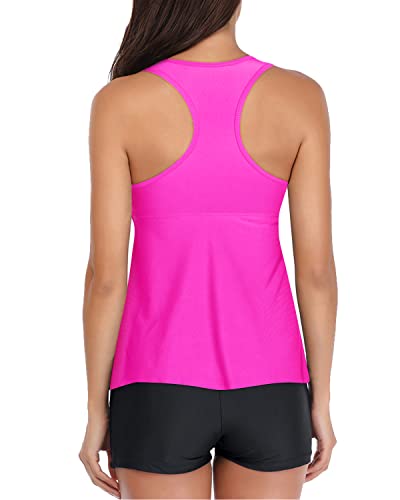 Tummy Slimming Swimming Suit Racerback Top & Tankini Top For Full Coverage-Hot Pink