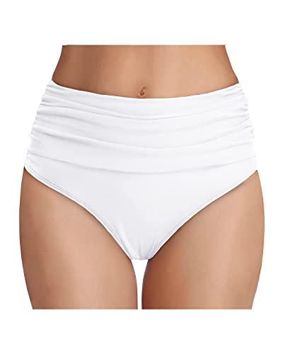 High Waisted Ruched Swim Shorts Women's Tummy Control Bikini Bottom-White