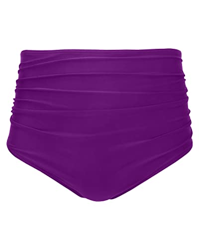Fashionable Women High Waisted Bikini Bottom Retro Ruched Swim Short-Purple