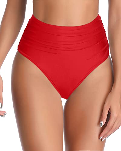 High Waisted Retro Bikini Bottom Tummy Control-Red