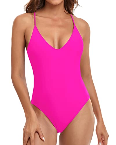 Women's High-Cut Wrap Bodysuit Sexy One Piece Swimsuits-Neon Pink