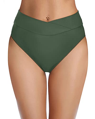 Women's High Waisted V Cut Cheeky Bikini Bottoms-Olive Green