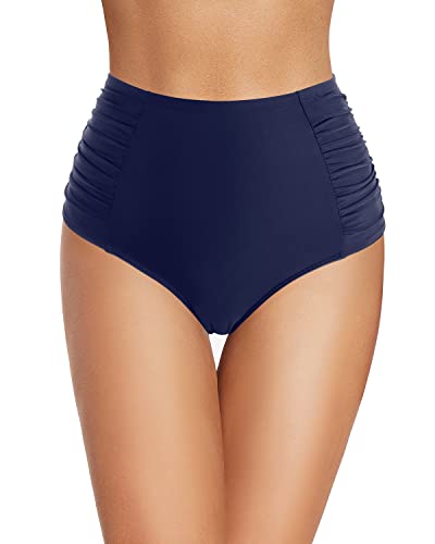 Retro High Waisted Bikini Bottoms Ruched Tummy Control Swimsuit Bottoms-Navy Blue