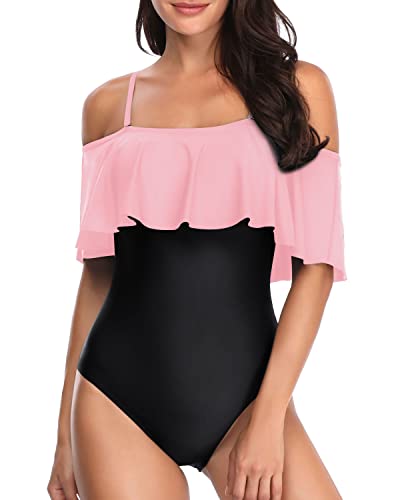 Women's Slimming Off Shoulder One Piece Bathing Suits-Pink And Black