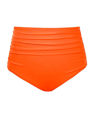 Stylish Women High Waisted Bikini Bottom Retro Ruched Swim Short-Neon Orange