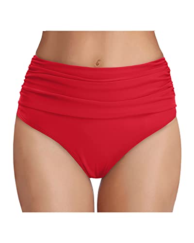 High Waisted Ruched Tummy Control Bikini Bottom For Women-Red
