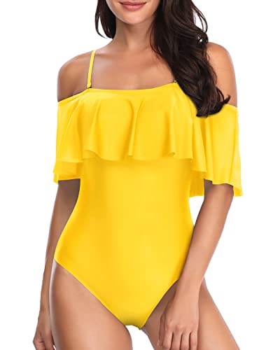 Vintage Off Shoulder Ruffled Bathing Suits Padded Bras-Neon Yellow
