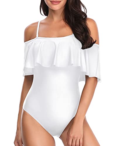 Vintage Long Torso Off Shoulder Ruffled One Piece Swimsuit-White