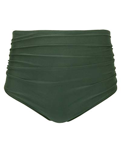 Comfortable Women High Waisted Bikini Bottom Retro Ruched Swim Short-Olive Green