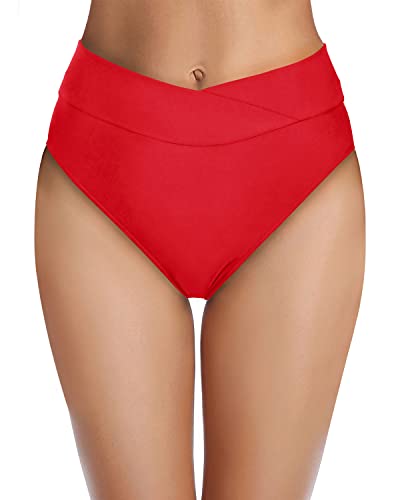 High Cut Women's Bikini Bottoms High-Rise Waist-Red