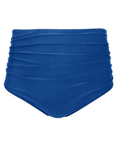 Elegant Women High Waisted Bikini Bottom Retro Ruched Swim Short-Blue