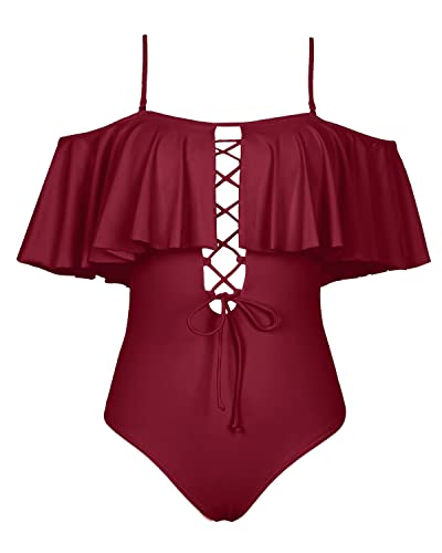 Junior's Lace Up Ruffled One Piece Bathing Suit-Maroon – Tempt Me