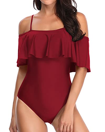 Slimming Long Torso Ruffle One Piece Swimsuits-Maroon