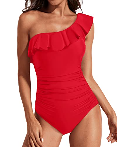 Ruched One Shoulder One Piece Swimsuits-Red
