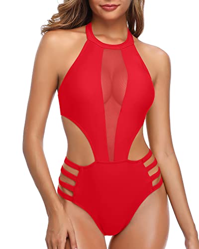 Sultry Plunge Mesh Patchwork One Piece Monokini Swimwear-Red