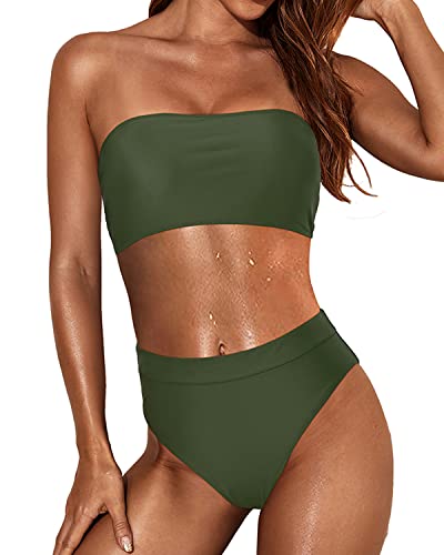 Sexy High Waist Cheeky Bikini Set Women Two Piece Bandeau Swimsuit-Army Green