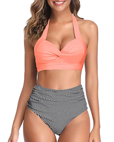 Figure-Flattering High Cut Legs Women's Bikini Swimsuits-Coral Pink Stripe