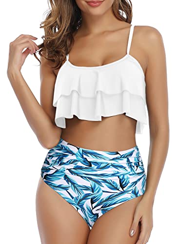 Flirty Ruffle High Waisted Ruched Women's 2 Piece Bikini Set-White Leaf