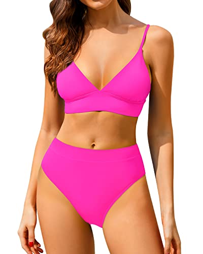 Modern High Waisted Bikini Set Two Piece Triangle Bathing Suits-Neon Pink
