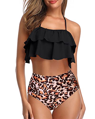 Two Piece Adorable Tiered Ruffle High Waisted Bikini Set For Girls-Black And Leopard
