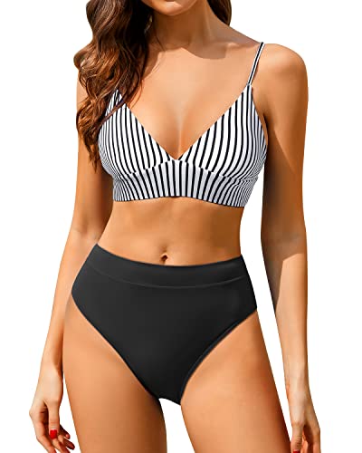 Stylish High Waisted Bikini Set Two Piece Triangle Bathing Suits-Black And White Stripe