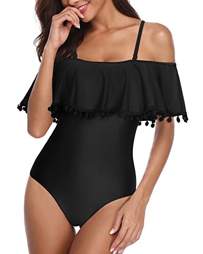 Tummy Control Off Shoulder Ruffled One Piece Swimsuit-Black