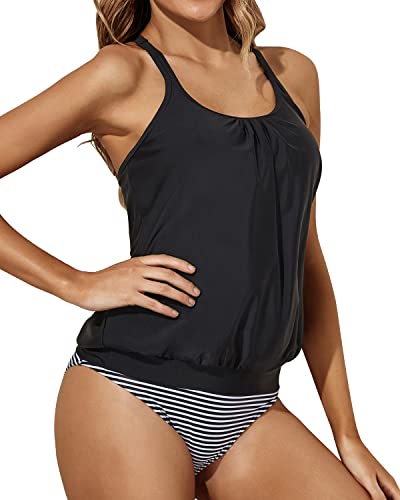 2 Piece Stylish Black Criss Cross Back Tankini Swimsuits-Black Stripe