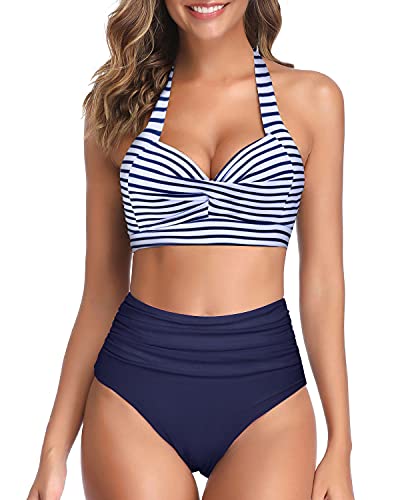 Two Piece Halter Ruched Highwaist Bikini Bathing Suit-Blue White Stripe
