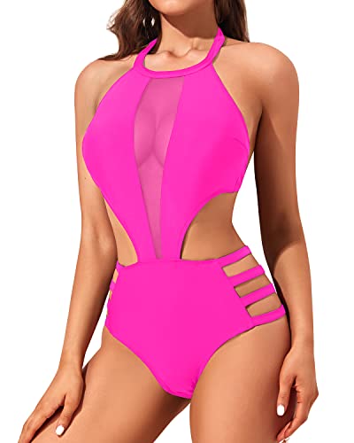 Removable Padded Push Up Bra One Piece Monokini Swimwear-Neon Pink
