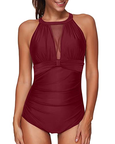 Flattering Tummy Control Plunge Neck Mesh One Piece Swimsuit For Women-Maroon