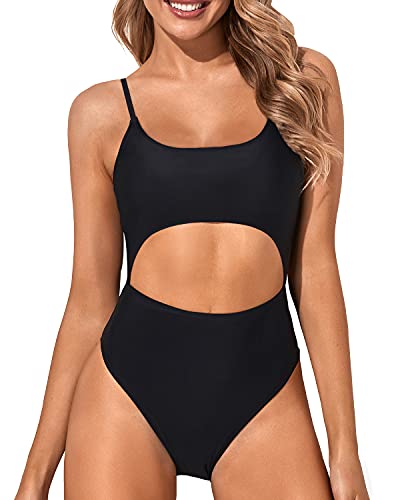 Cutout One Piece Swimsuit Lace Up High Cut Cutout Bathing Suits-Black