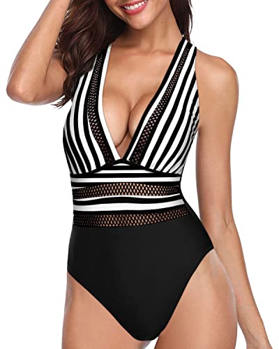 Stunning Hollow Out Deep V Neck Criss-Cross Back Swimsuits-Black And White Stripe