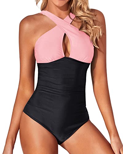 Ruched Waistband One Piece Front Cross Keyhole Swimsuits-Pink And Black
