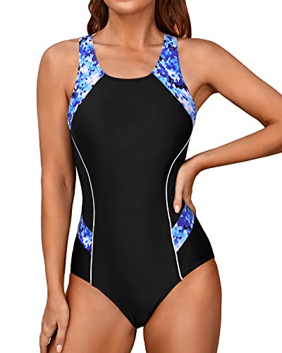 Color Block Athletic Sports One Piece Swimsuit-Black And Geometry
