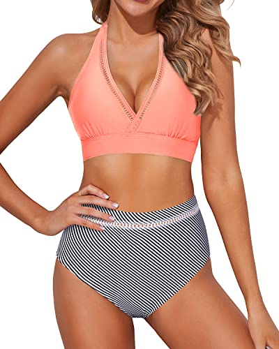 Women's Bikini Sets Halter Padded Bra Two Piece Swimsuits-Coral Pink Stripe