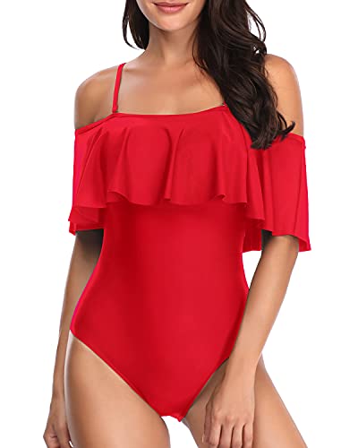 Women's Two-Way Wear Off Shoulder Flounce Swimsuit-Red