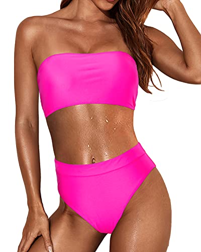 Removable Padding Bra Bikini Women Two Piece Bandeau Swimsuit-Neon Pink