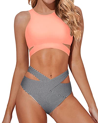 Cute Cutout Bandage Two Piece Bathing Suits-Coral Pink Stripe