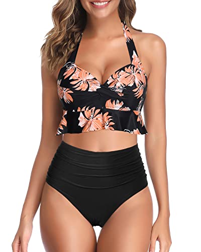 High Waisted Bikini Push Up Ruffle Two Piece Swimsuits-Black Orange Floral
