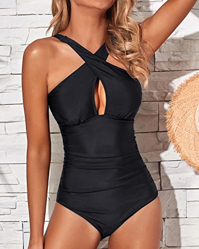 Front Cross Keyhole Tummy Control Women One Piece Swimsuits-Black