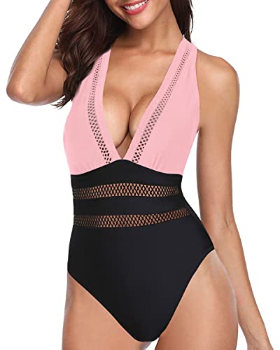 Stunning Hollow Out Deep V Neck One Piece Swimsuits-Pink And Black