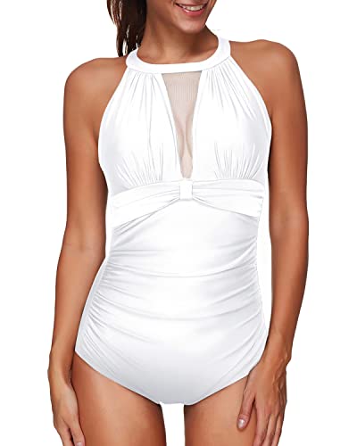 Stylish Tummy Control High Neck Ruched Mesh Monokini For Women-White