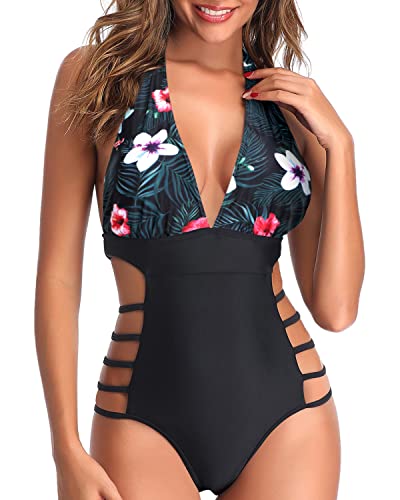 Flattering High Leg Cut Out String Swimwear Plunge V Neck Halter Bathing Suits-Black Floral