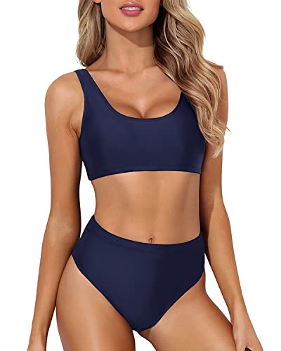 High Waisted Bikini Bottom High Waisted Bathing Suit Bottoms-Navy Blue