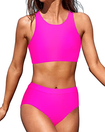 Cutout Back High Neck Bikini 2 Piece Bathing Suits For Teen Girls-Neon Pink