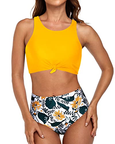 Modest High Neck Bikini Sporty Two Piece Swimsuits-Yellow Floral