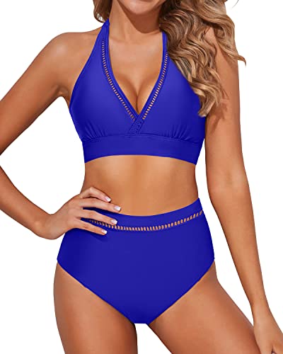 Women's Mesh V Neck High Waisted Bikini Sets Tummy Control-Royal Blue