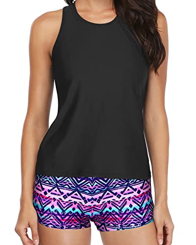 Women's Backless Tankini Athletic 3 Piece Swimsuits-Black And Tribal Purple