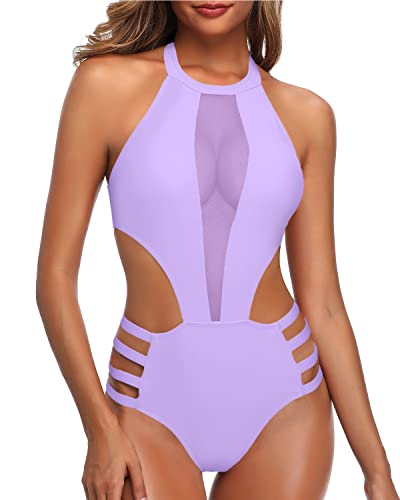 Cutout Halter High Neck Backless One Piece Swimsuit-Light Purple
